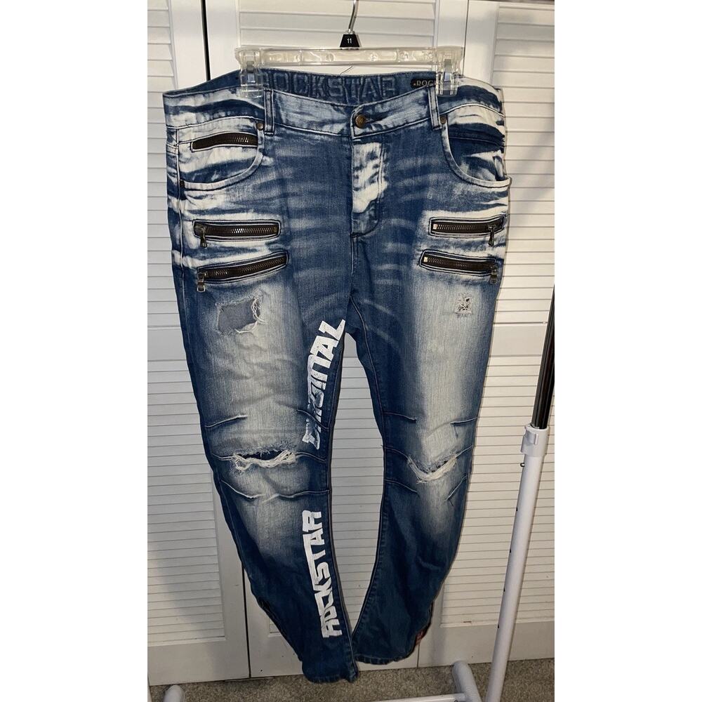 Rockstar Original Men's Jeans 40x31 Slim Fit Distressed Spelled Out Zippers